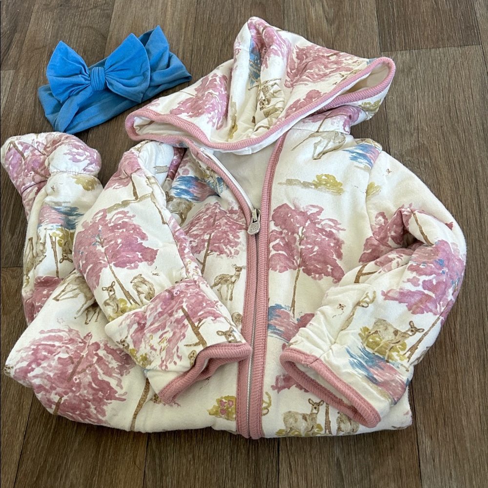 Burts Bees Cozy Pink + Cream Deer Onesie with Hood 3-6mo
